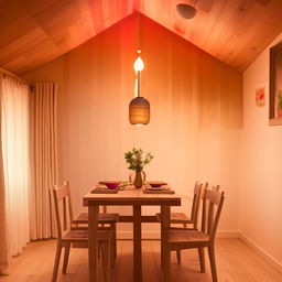 A 10ft x 10ft Airbnb room with a small dining table and chairs for four people. The room has welcoming lighting and inviting colors