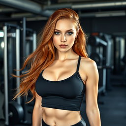 A sexy and beautiful 18-year-old redhead woman who is a personal trainer, wearing a sexy and fashionable gym outfit