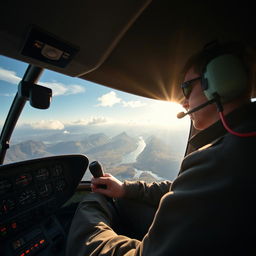 An immersive scene showcasing a helicopter pilot in the cockpit of a helicopter, experiencing the thrill of flight