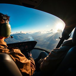 An immersive scene showcasing a helicopter pilot in the cockpit of a helicopter, experiencing the thrill of flight