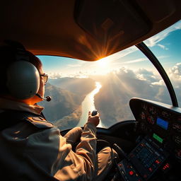 An immersive scene showcasing a helicopter pilot in the cockpit of a helicopter, experiencing the thrill of flight