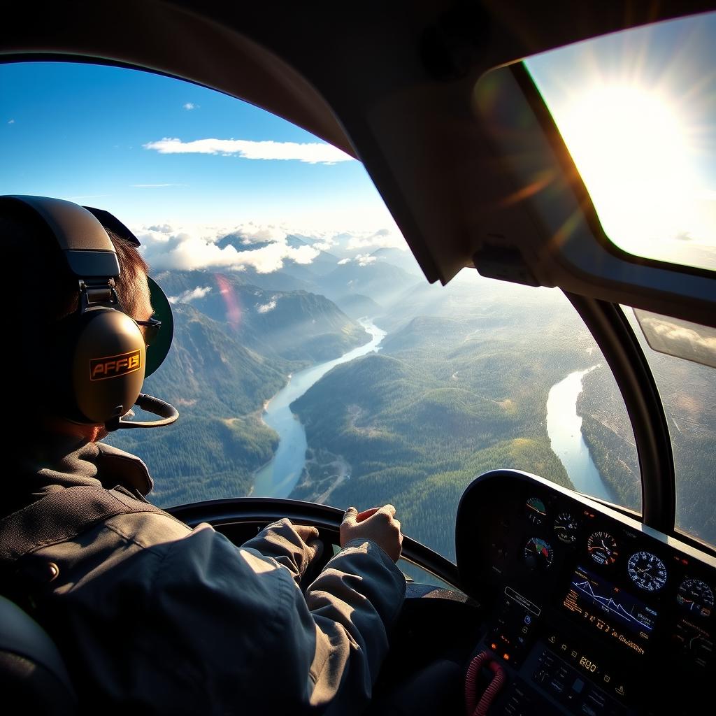 An immersive scene showcasing a helicopter pilot in the cockpit of a helicopter, experiencing the thrill of flight