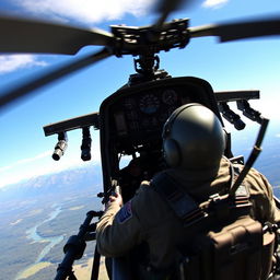 A dynamic scene depicting an AH-64 Apache helicopter in flight, showcasing the intensity and excitement of being a pilot