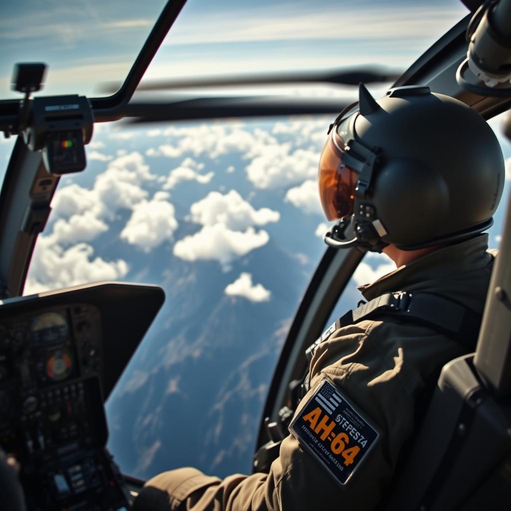 A vivid depiction of an AH-64 Apache pilot during a flight mission, showcasing the cockpit filled with advanced controls and displays