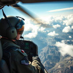 A vivid depiction of an AH-64 Apache pilot during a flight mission, showcasing the cockpit filled with advanced controls and displays