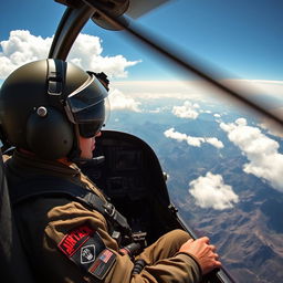 A vivid depiction of an AH-64 Apache pilot during a flight mission, showcasing the cockpit filled with advanced controls and displays