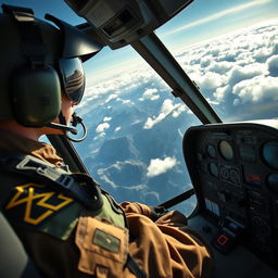 A vivid depiction of an AH-64 Apache pilot during a flight mission, showcasing the cockpit filled with advanced controls and displays
