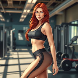 A sexy and beautiful 18-year-old redhead woman, portrayed as a personal trainer, wearing a sexy and flattering gym outfit that accentuates her fit physique