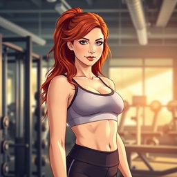 A sexy and beautiful 18-year-old redhead woman, portrayed as a personal trainer, wearing a sexy and flattering gym outfit that accentuates her fit physique
