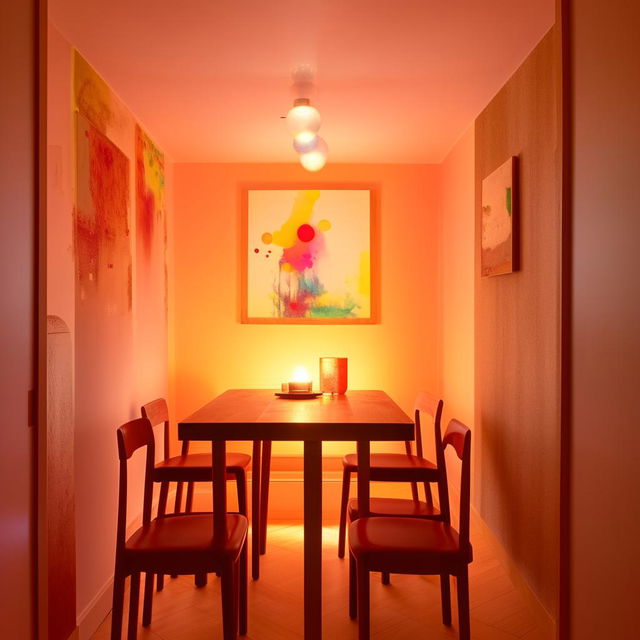 A 10ft x 10ft Airbnb room with a small dining table and chairs for four people. The room has welcoming lighting and inviting colors