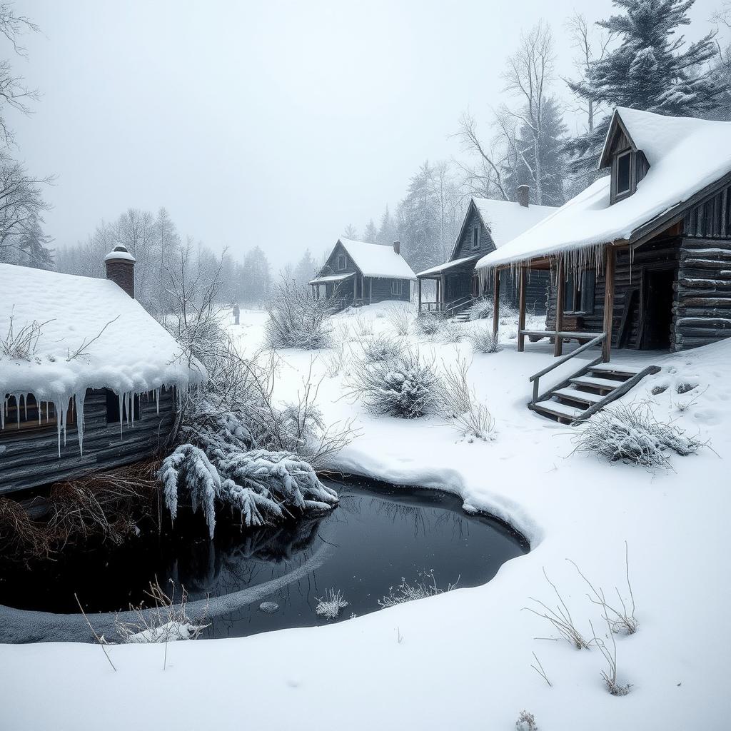 An abandoned settlement blanketed in deep snow, with dilapidated wooden houses and overgrown vegetation peeking through the frost