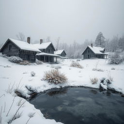An abandoned settlement blanketed in deep snow, with dilapidated wooden houses and overgrown vegetation peeking through the frost
