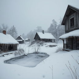 An abandoned settlement blanketed in deep snow, with dilapidated wooden houses and overgrown vegetation peeking through the frost