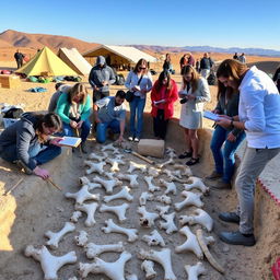 A modern archaeological dig scene, with archaeologists in contemporary attire carefully uncovering ancient bones from a sandy excavation site
