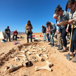 A modern archaeological dig scene, with archaeologists in contemporary attire carefully uncovering ancient bones from a sandy excavation site