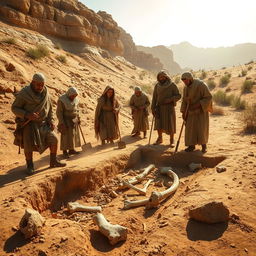 An ancient archaeological scene set in a historical context, depicting archaeologists dressed in period-appropriate attire, uncovering ancient bones from a dusty excavation site