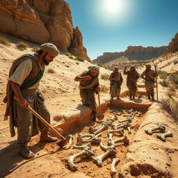 An ancient archaeological scene set in a historical context, depicting archaeologists dressed in period-appropriate attire, uncovering ancient bones from a dusty excavation site