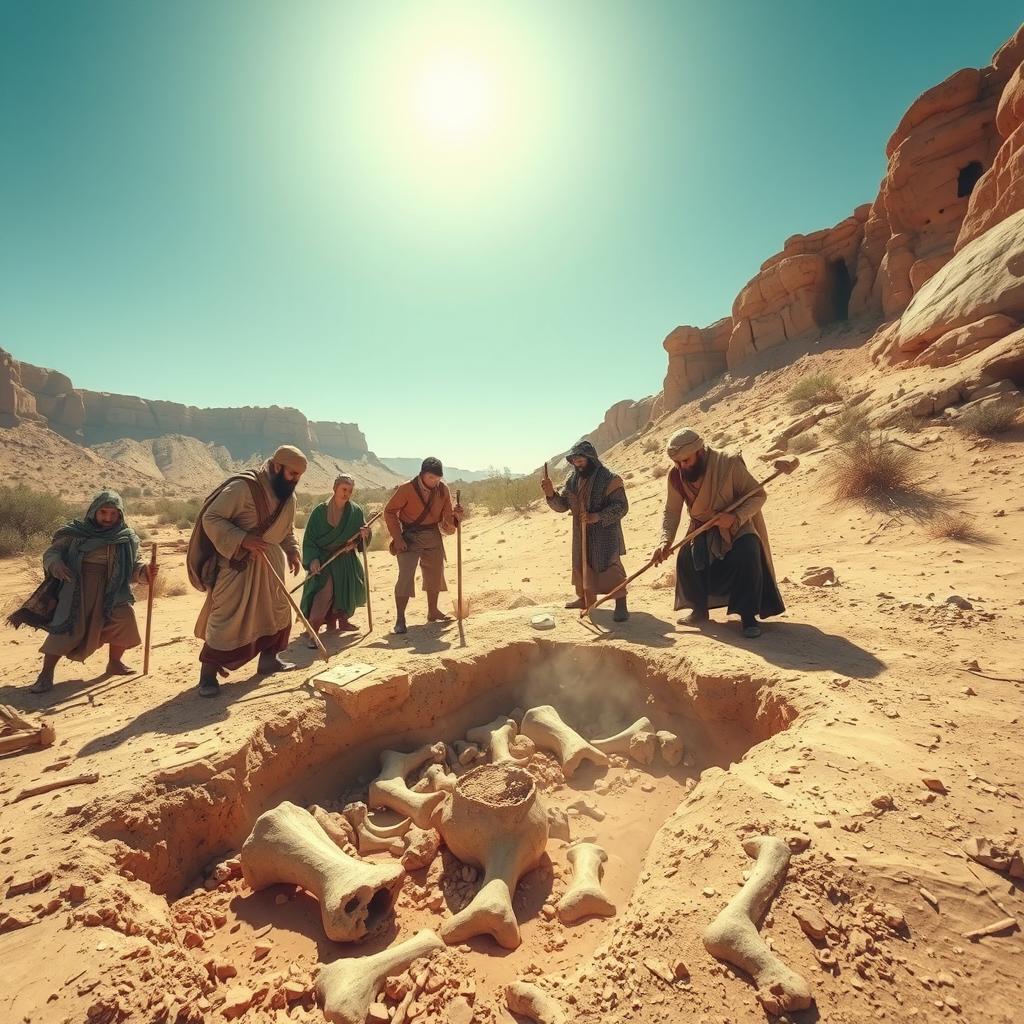 An ancient archaeological scene set in a historical context, depicting archaeologists dressed in period-appropriate attire, uncovering ancient bones from a dusty excavation site