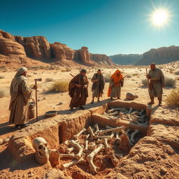 An ancient archaeological scene set in a historical context, depicting archaeologists dressed in period-appropriate attire, uncovering ancient bones from a dusty excavation site