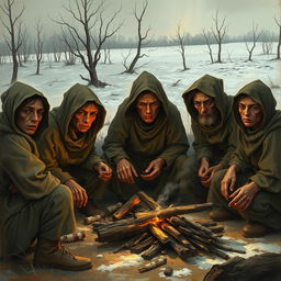 An artistic rendering depicting a group of starving settlers in a harsh landscape, showcasing their struggle for survival