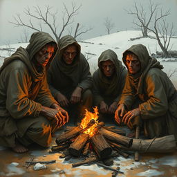An artistic rendering depicting a group of starving settlers in a harsh landscape, showcasing their struggle for survival