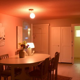 A 10ft x 10ft Airbnb room with a small dining table and chairs for four people. The room has welcoming lighting and inviting colors