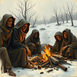An artistic rendering depicting a group of starving settlers in a harsh landscape, showcasing their struggle for survival