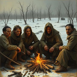 An artistic rendering depicting a group of starving settlers in a harsh landscape, showcasing their struggle for survival