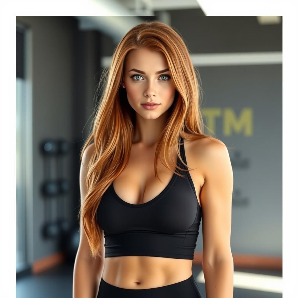 A sexy and beautiful 18-year-old redhead girl, personal trainer, dressed in a stylish and sexy gym outfit