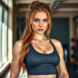 A sexy and beautiful 18-year-old redhead girl, personal trainer, dressed in a stylish and sexy gym outfit