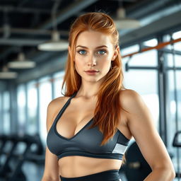 A sexy and beautiful 18-year-old redhead girl, personal trainer, dressed in a stylish and sexy gym outfit