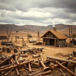 A scene depicting colonial tools and homes set against a desolate landscape, showcasing the stark contrast between human ingenuity and the harsh environment