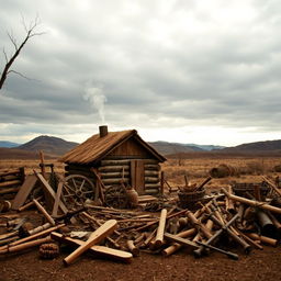 A scene depicting colonial tools and homes set against a desolate landscape, showcasing the stark contrast between human ingenuity and the harsh environment