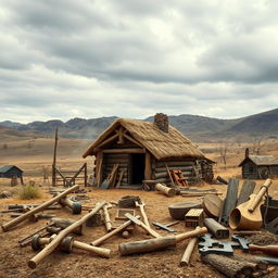 A scene depicting colonial tools and homes set against a desolate landscape, showcasing the stark contrast between human ingenuity and the harsh environment