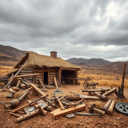 A scene depicting colonial tools and homes set against a desolate landscape, showcasing the stark contrast between human ingenuity and the harsh environment