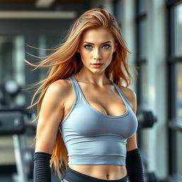 A sexy and beautiful 18-year-old redhead girl, personal trainer, wearing a fashionable and sexy gym outfit