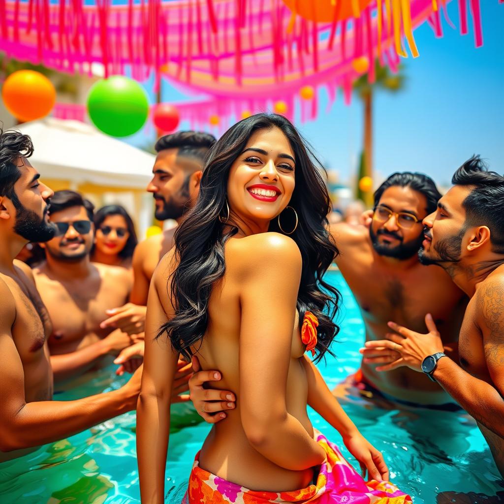 A lively and colorful pool party scene featuring a young Pakistani woman at the center, exuding confidence and joy