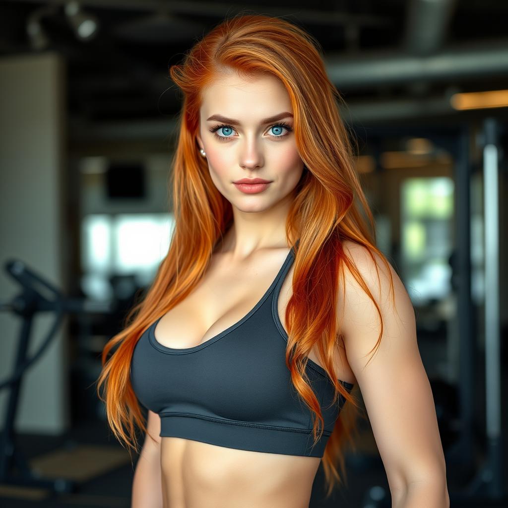 A sexy and beautiful 18-year-old redhead girl, personal trainer, showcasing a stylish and sexy gym outfit that accentuates her fitness body