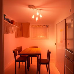 A 10ft x 10ft Airbnb room with a small dining table and chairs for four people. The room has welcoming lighting and inviting colors