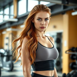 A sexy and beautiful 18-year-old redhead girl, personal trainer, dressed in a stylish and form-fitting gym outfit that accentuates her fitness body