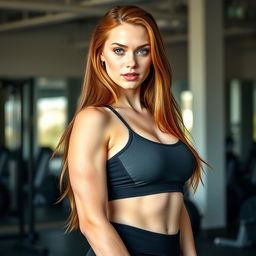 A sexy and beautiful 18-year-old redhead girl, personal trainer, dressed in a stylish and form-fitting gym outfit that accentuates her fitness body