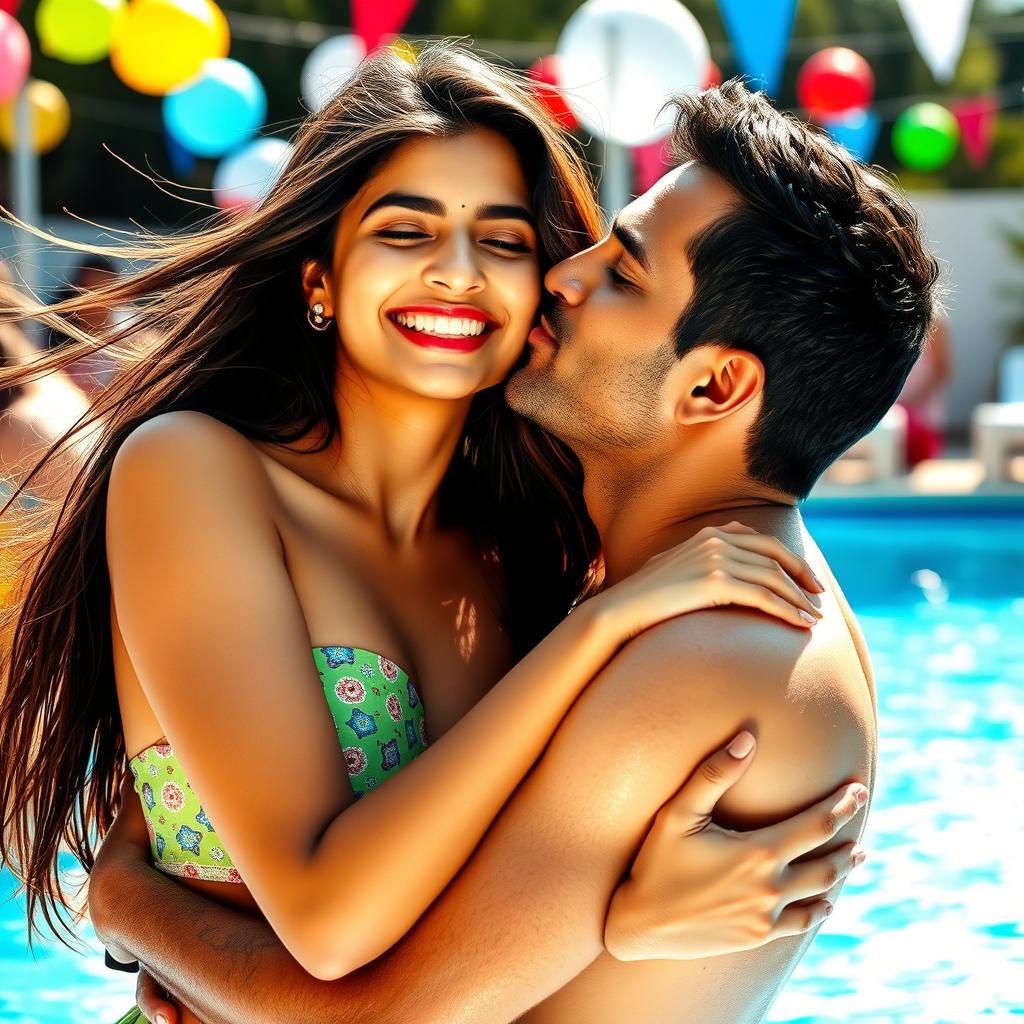 A lively pool party scene featuring a young Indian woman, age 18, sharing a passionate kiss with a man