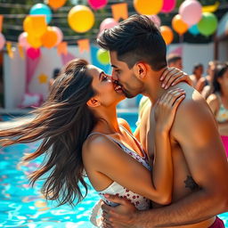 A lively pool party scene featuring a young Indian woman, age 18, sharing a passionate kiss with a man