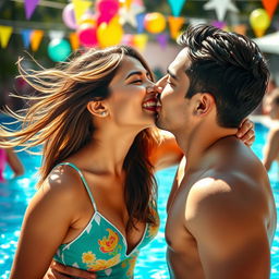 A lively pool party scene featuring a young Indian woman, age 18, sharing a passionate kiss with a man
