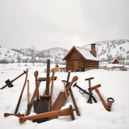 A scene depicting colonial tools and homes set against a snowy, desolate landscape