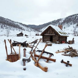 A scene depicting colonial tools and homes set against a snowy, desolate landscape