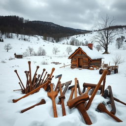 A scene depicting colonial tools and homes set against a snowy, desolate landscape
