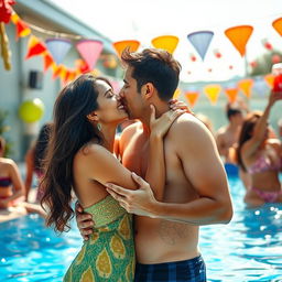 A vibrant pool party scene featuring a young Indian woman, age 18, sharing a sweet kiss with a man