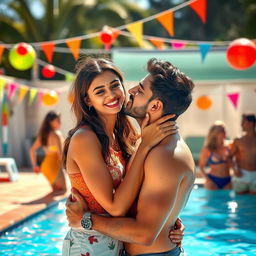 A vibrant pool party scene featuring a young Indian woman, age 18, sharing a sweet kiss with a man