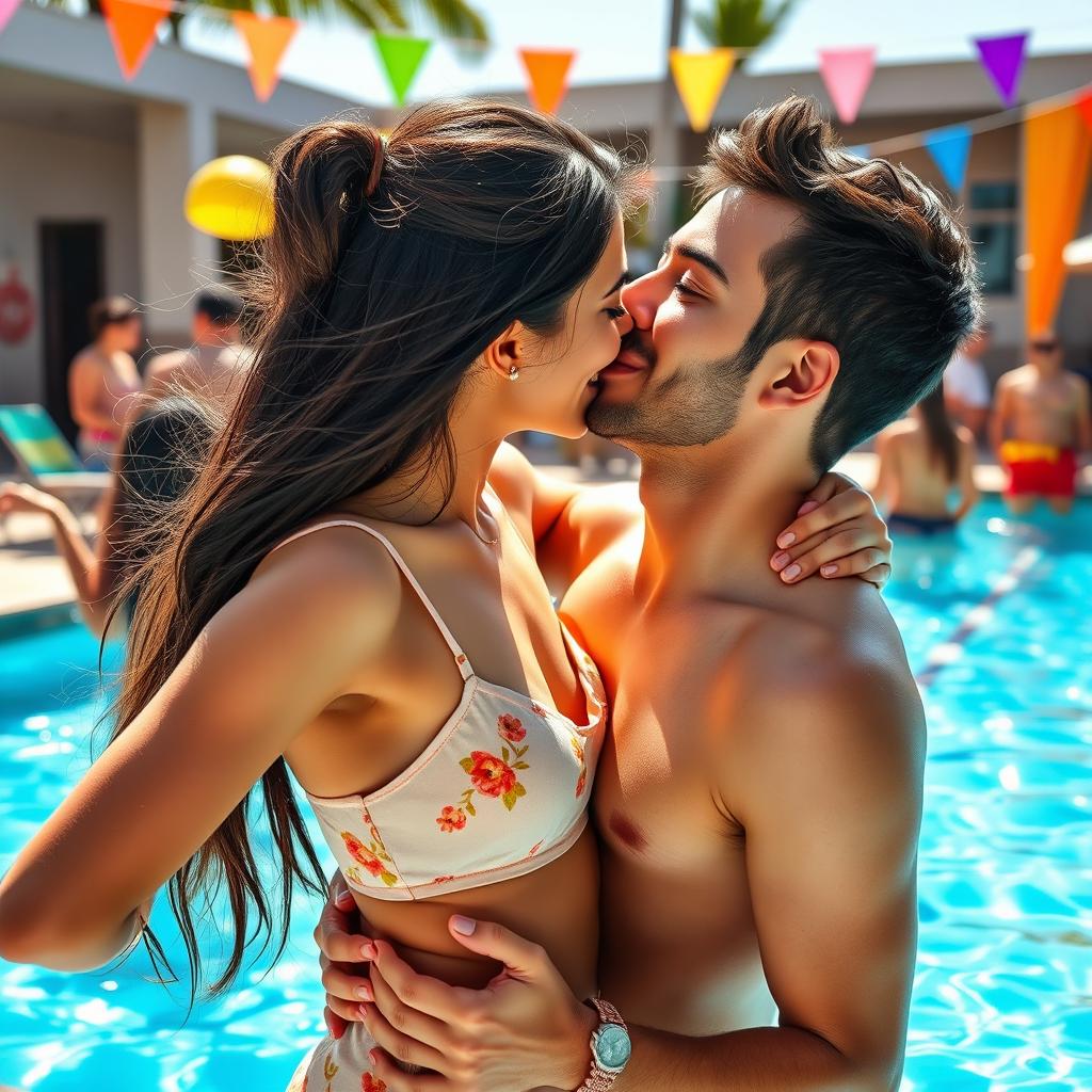 A vibrant pool party scene featuring a young Indian woman, age 18, sharing a sweet kiss with a man